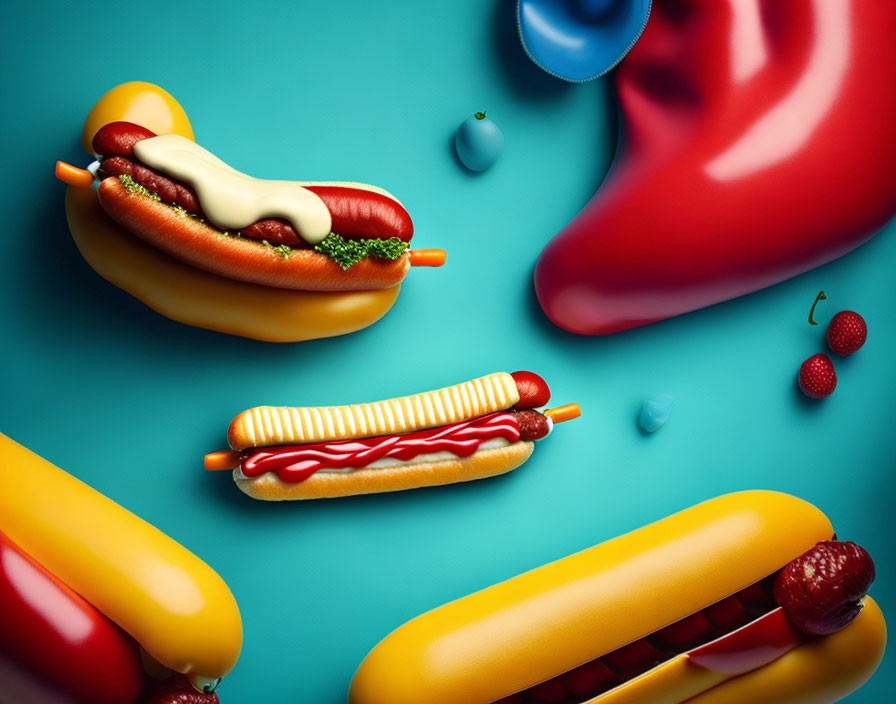 Colorful Hot Dogs with Various Toppings on Teal Background