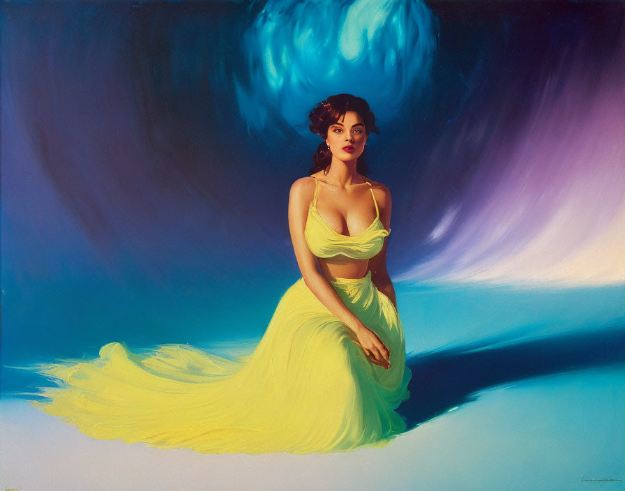 Vibrant painting of woman in yellow dress against blue background