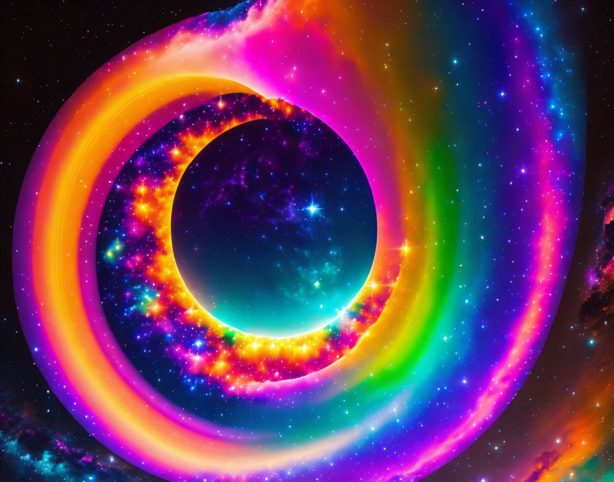 Colorful neon cosmic swirl against starry space backdrop