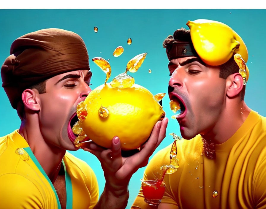 Men in yellow attire and turbans playfully interact with a large lemon, creating a fun lemon juice