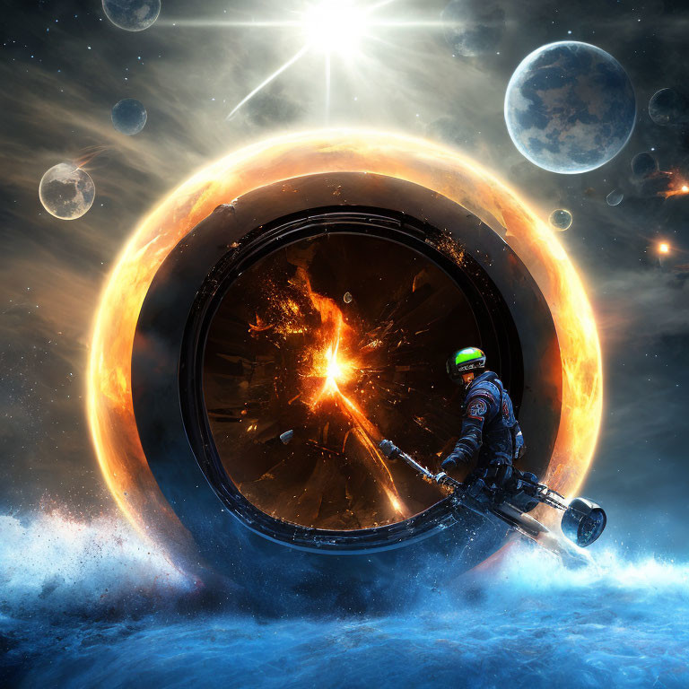 Astronaut with jetpack in surreal space scene with cosmic portal and planets