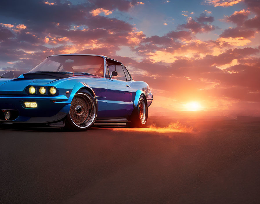 Blue sports car with shiny rims drives on asphalt road at sunset