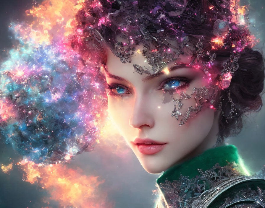 Cosmic-themed digital artwork of a woman with silver jewelry and vibrant nebulae background