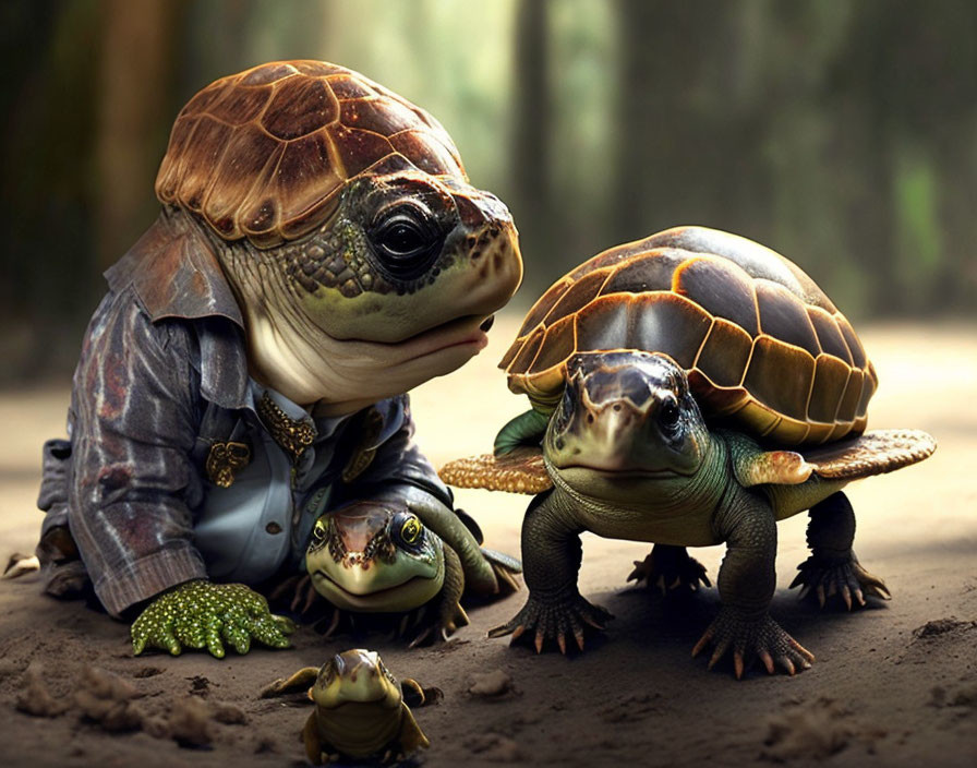 Stylized turtles and frog in human attire on forest floor