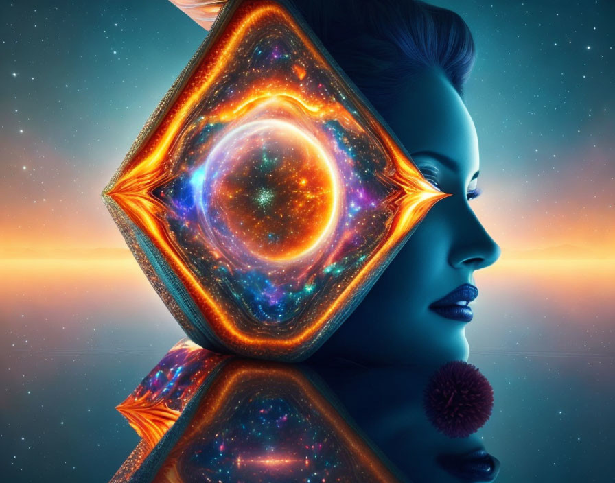 Surreal portrait of woman with cosmic pattern and glowing hexagonal frame reflected on water surface