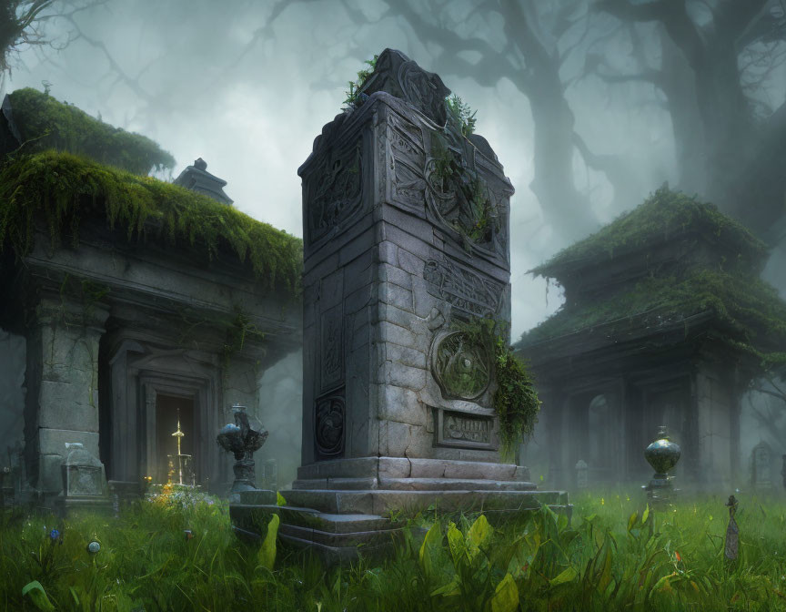 Foggy graveyard with moss-covered tombstones