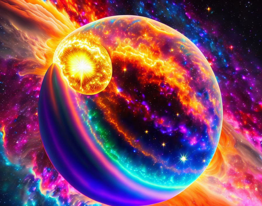 Colorful cosmic scene with fiery sun and celestial bodies in multicolored nebula