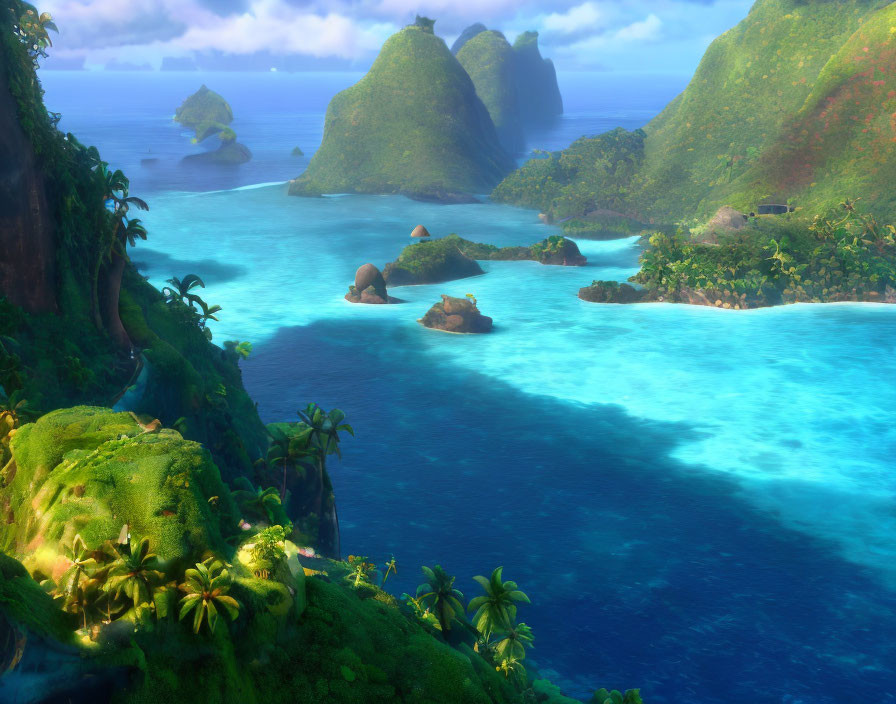 Tranquil tropical seascape with lush green islands and clear blue waters