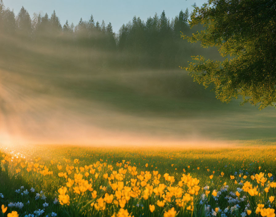 Tranquil sunrise scene over misty yellow flower field