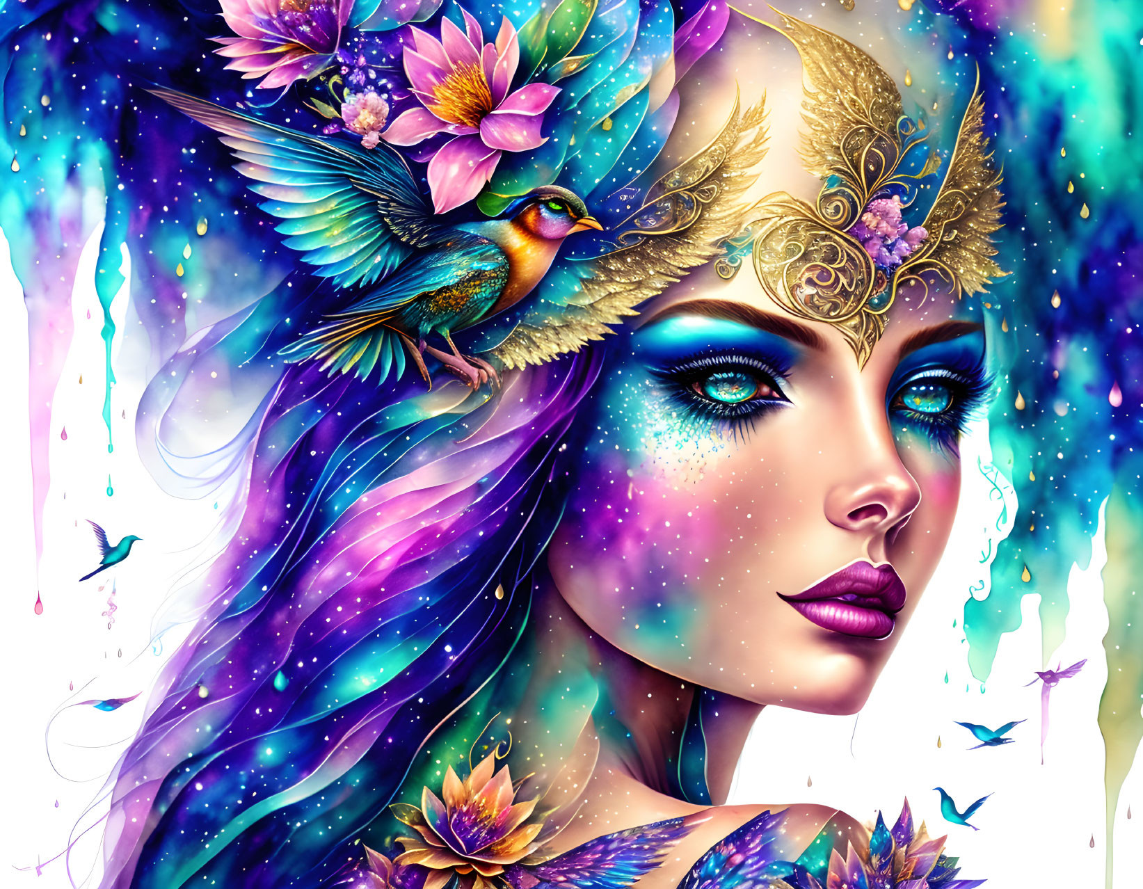 Colorful portrait of woman with blue eyes, golden headpiece, surrounded by flowers and hummingbirds on