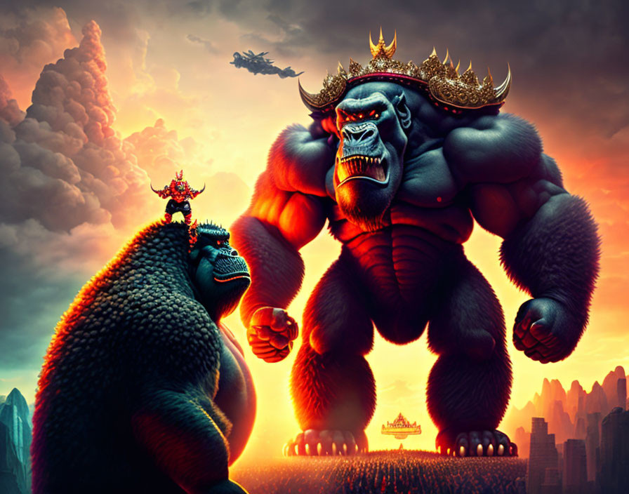 Giant crowned gorilla with smaller gorilla, dragon, and cityscape under dramatic sky