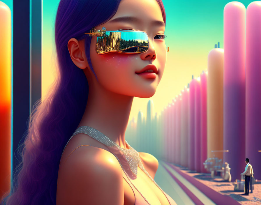 Digital artwork: Woman with purple hair in futuristic setting