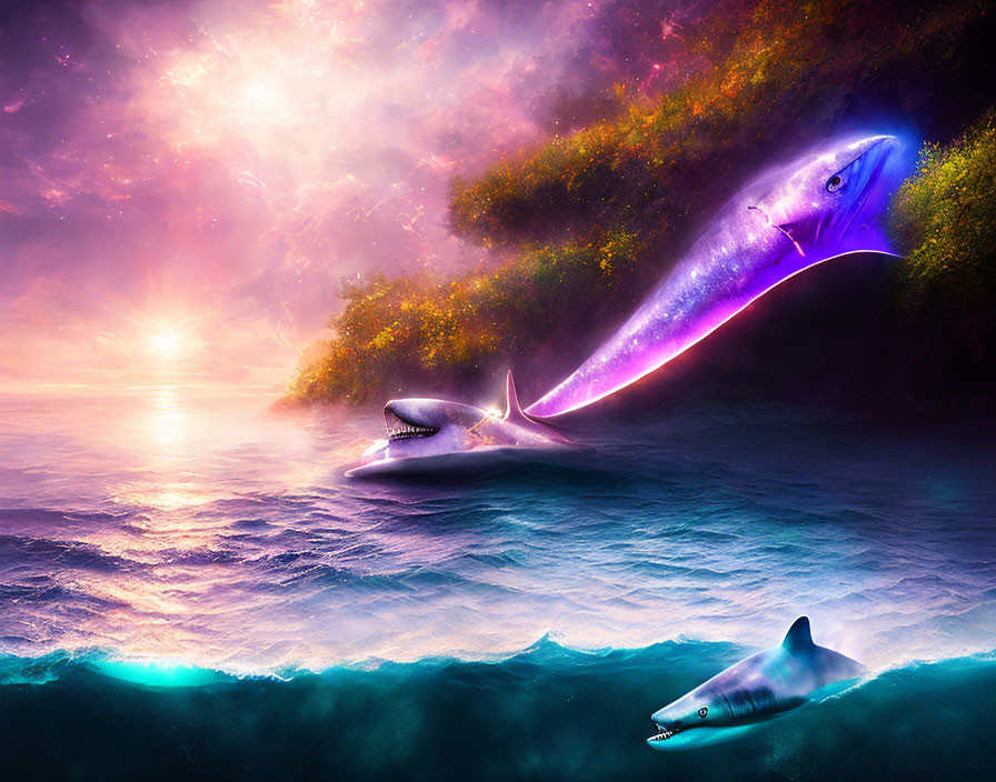 Colorful Artwork: Glowing Purple Whales and Shark in Ocean Sunset