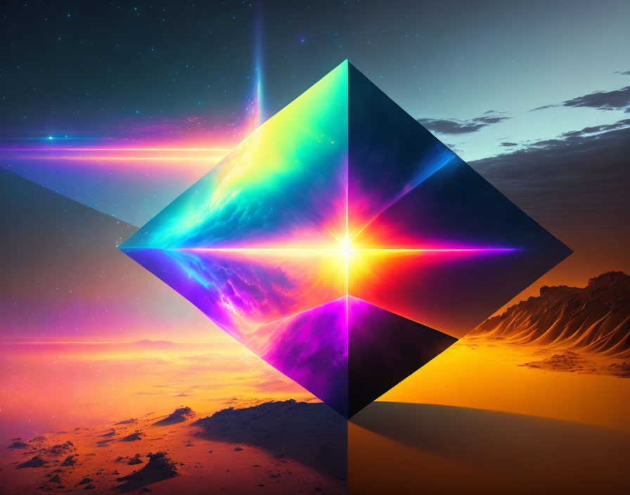 Colorful digital artwork: Glowing cube in surreal desert landscape