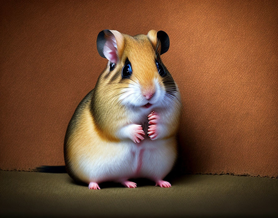 Chubby hamster with shiny eyes against brown backdrop