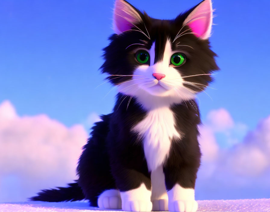 3D animated black and white cat with striking green eyes against soft blue sky