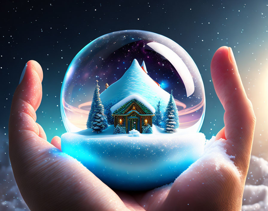 Snow globe with cozy cottage, pine trees, and crescent moon scene in hands