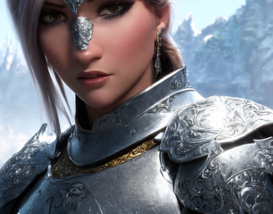 Blonde Woman in Silver Armor with Gold Accents in 3D Rendered Image