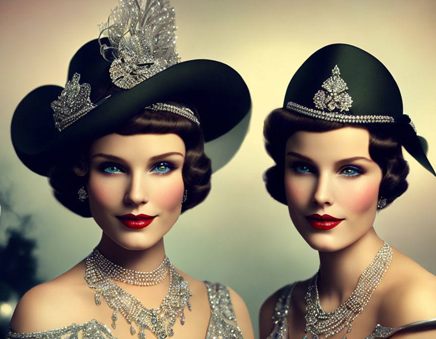 Vintage women in elegant hats and jewelry with classic makeup and wavy hairstyles embodying 1930s