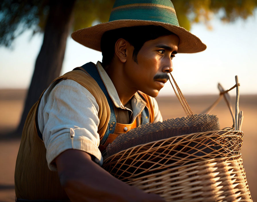 Man with mustache in straw hat and suspenders holding basket outdoors