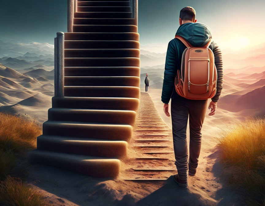 Person with backpack climbs giant stairs in desert under surreal sky