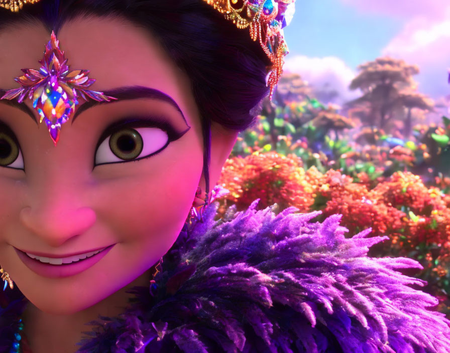 Close-up of animated female character with jeweled headpiece among vibrant flowers