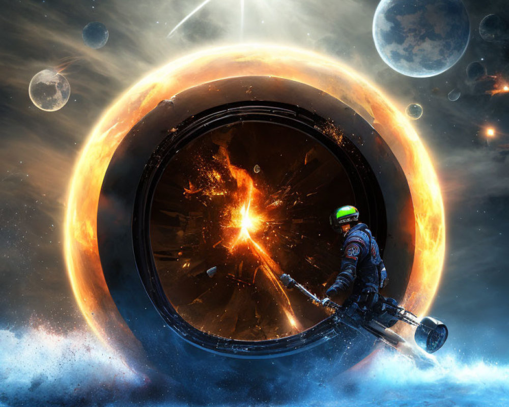 Astronaut with jetpack in surreal space scene with cosmic portal and planets