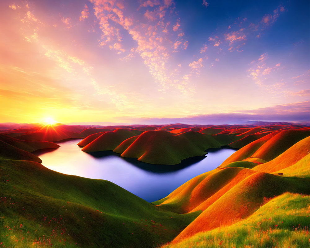 Scenic sunset over serene lake and green hills with colorful sky