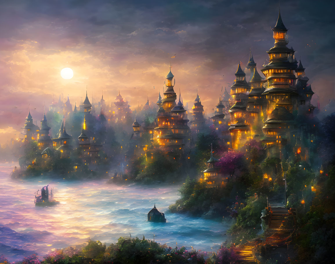 Fantastical twilight cityscape with glowing pagodas, river, boats, and vibrant flora under