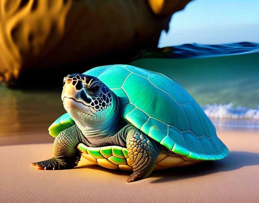 Colorful Digital Illustration of Sea Turtle on Sandy Beach