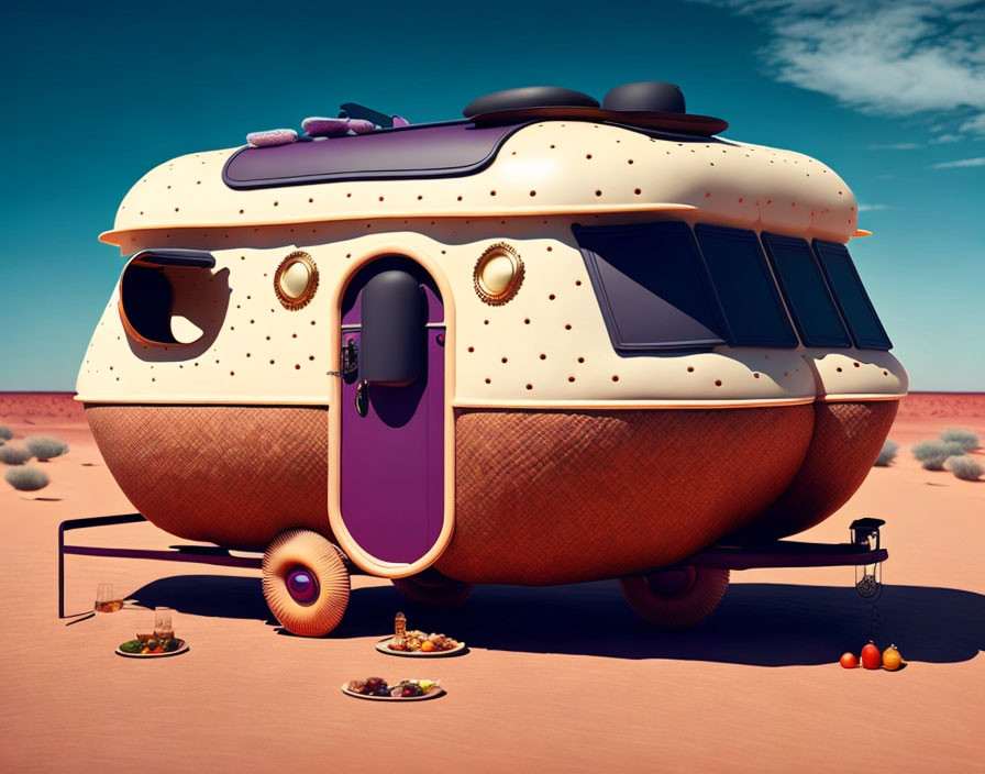 Burger-shaped RV in desert with toppings and onion ring wheels