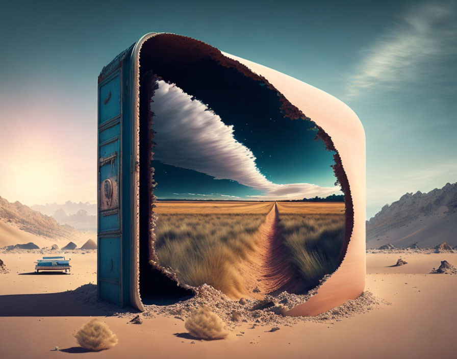 Surreal desert landscape with giant open book and road to horizon