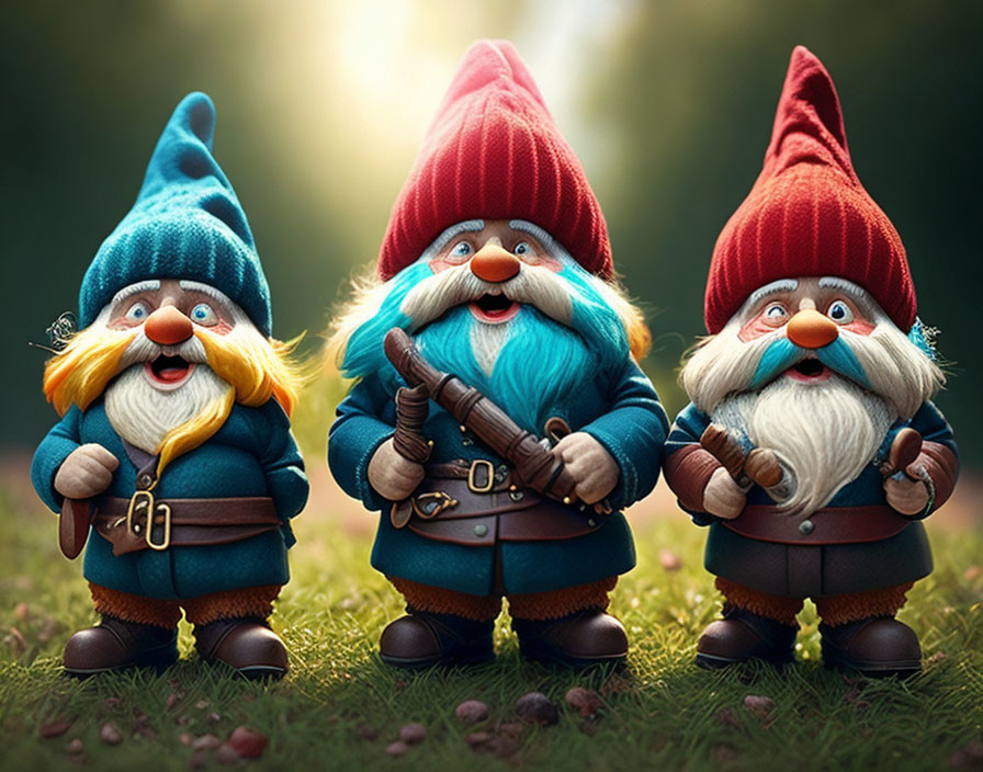 Three whimsical garden gnomes with red hats and blue beards holding gardening tools in a row