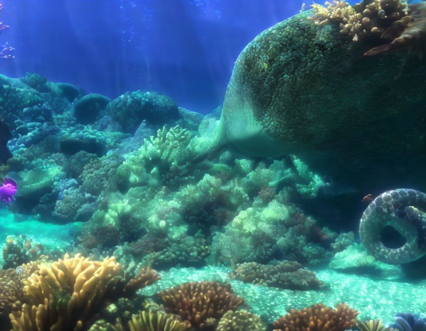 Colorful Coral Reefs and Sunken Ship Wheel in Underwater Scene