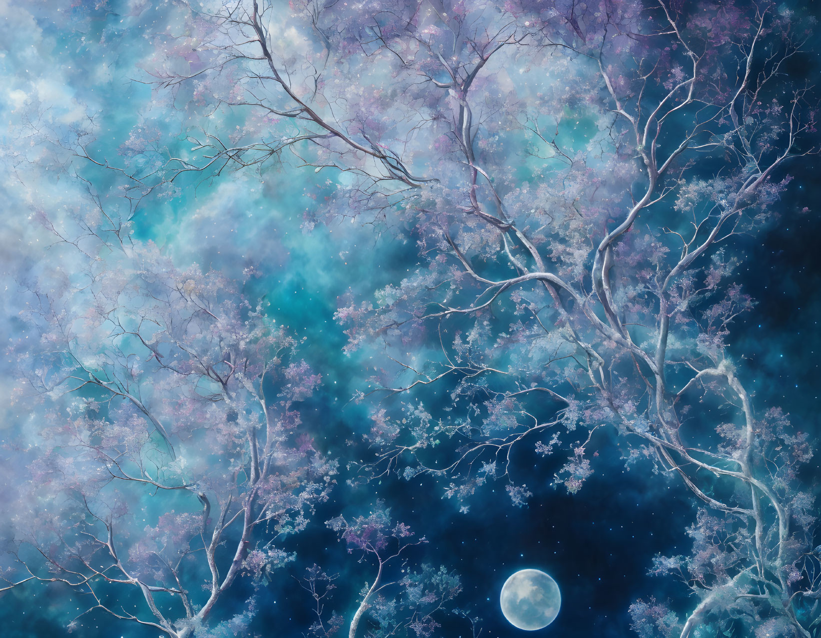 Blue and Purple Blossoming Trees Under Full Moon