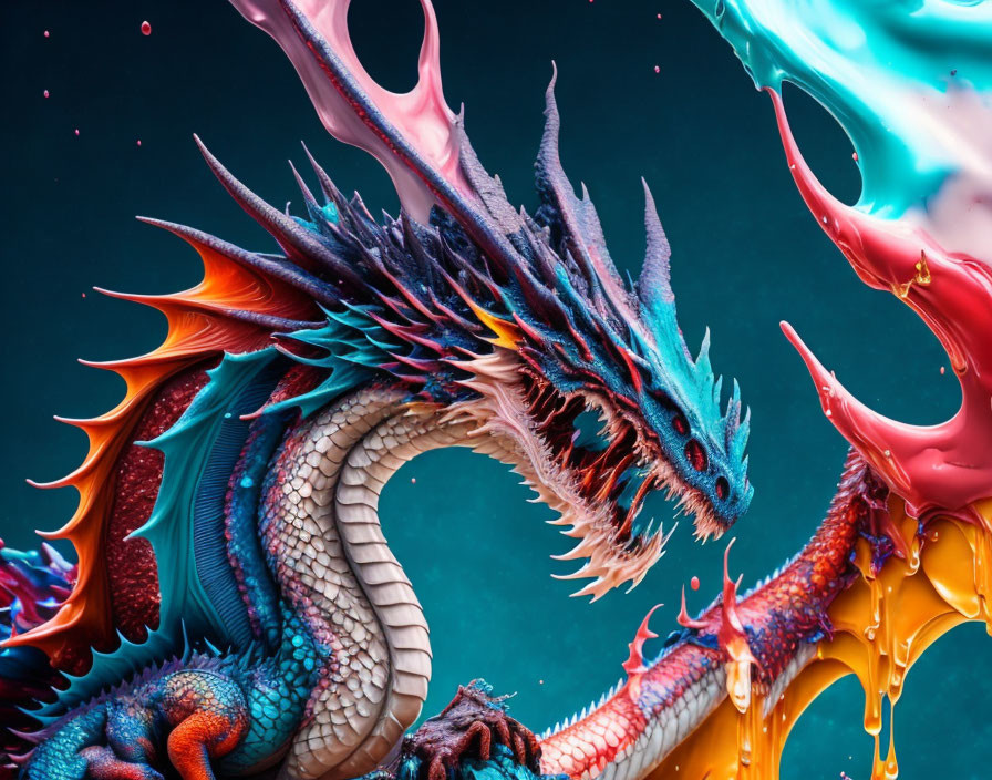 Fantastical dragon digital artwork with intricate scales and vibrant splashes