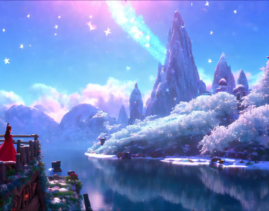 Snow-covered trees, mountains, lake, and colorful sky in a magical landscape