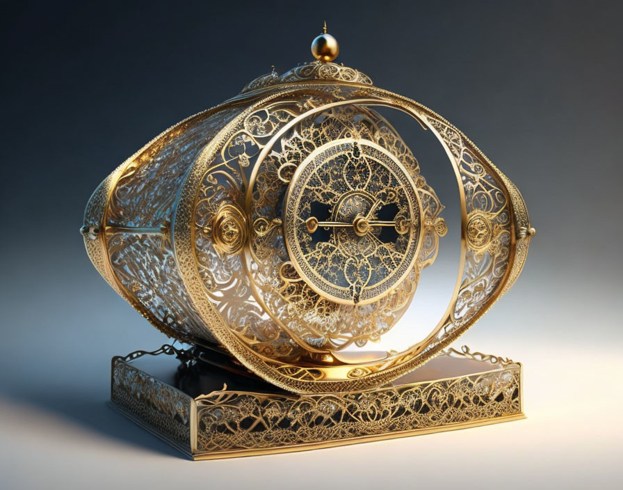 Golden spherical astrolabe with intricate filigree on stand against gradient background