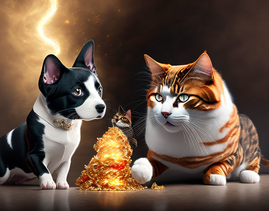 Digitally enhanced image: dog, two cats, one touching fiery figure on dark background