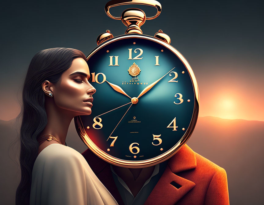 Profile of a woman merged with a pocket watch at sunset