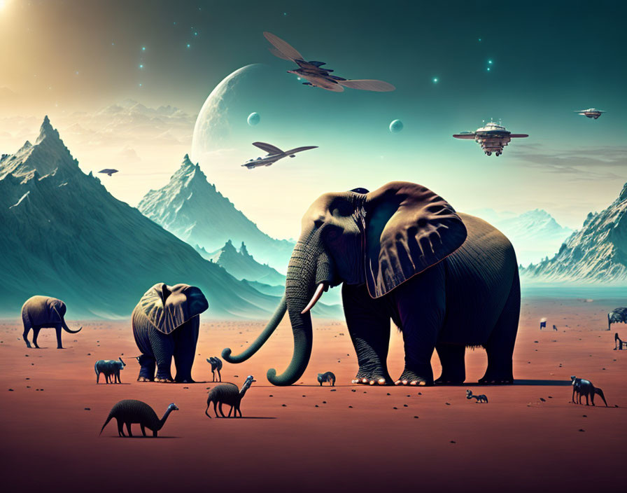 Surreal landscape featuring elephants, antelopes, and mountains under a planetary sky.