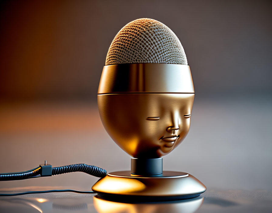 Golden smiling face microphone on soft-focus background with black cable