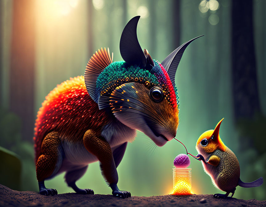 Colorful rodent-like creature meets small being with glowing orb in whimsical art