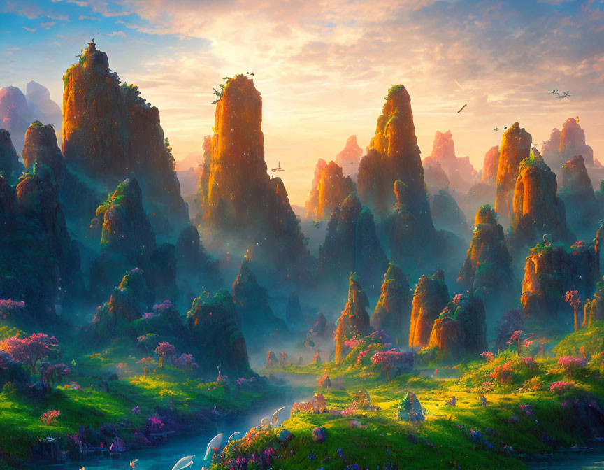 Tranquil landscape with towering rock formations and blossoming valley under a sunrise/sunset sky.