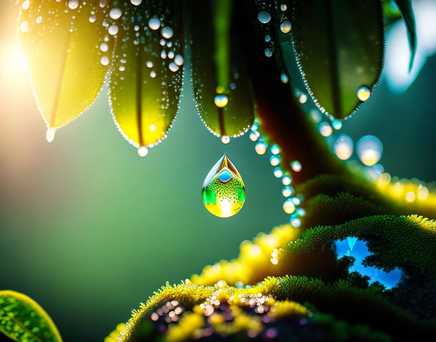 Vibrant green leaf with suspended water droplet and refracted light.