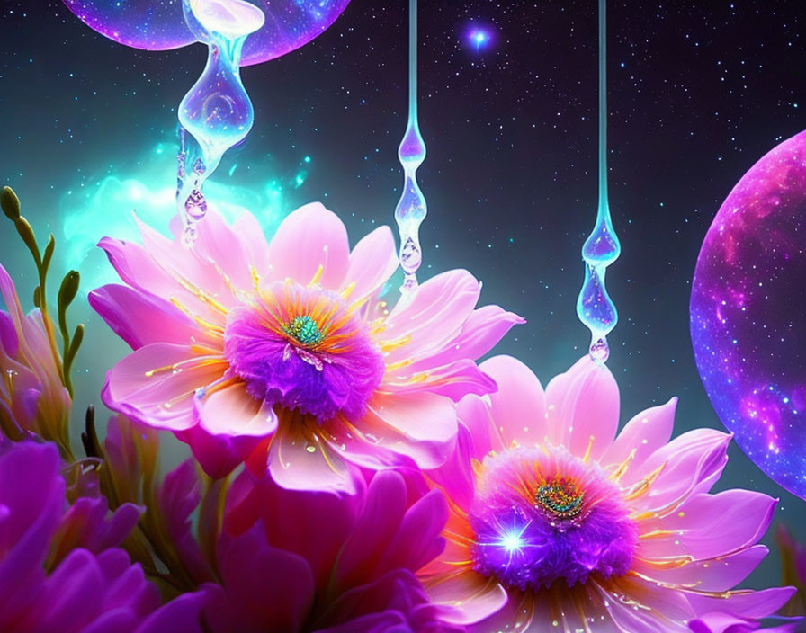 Colorful digital artwork featuring purple flowers, cosmic backdrop, and radiant pink planet