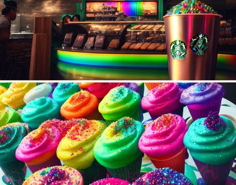 Colorful Starbucks interior with coffee cup and vibrant cupcakes collage