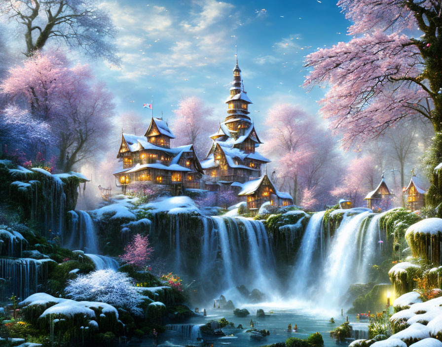 Majestic castle on waterfalls in fairytale landscape