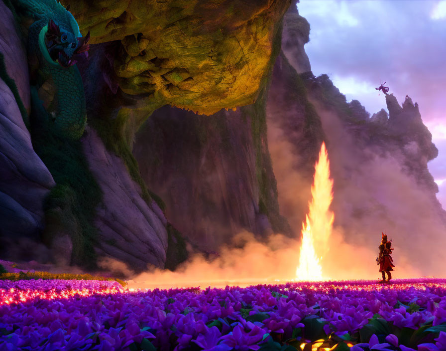 Dragon overlooking purple flower field with figure near flame jet and airship