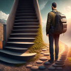 Person with backpack climbs giant stairs in desert under surreal sky